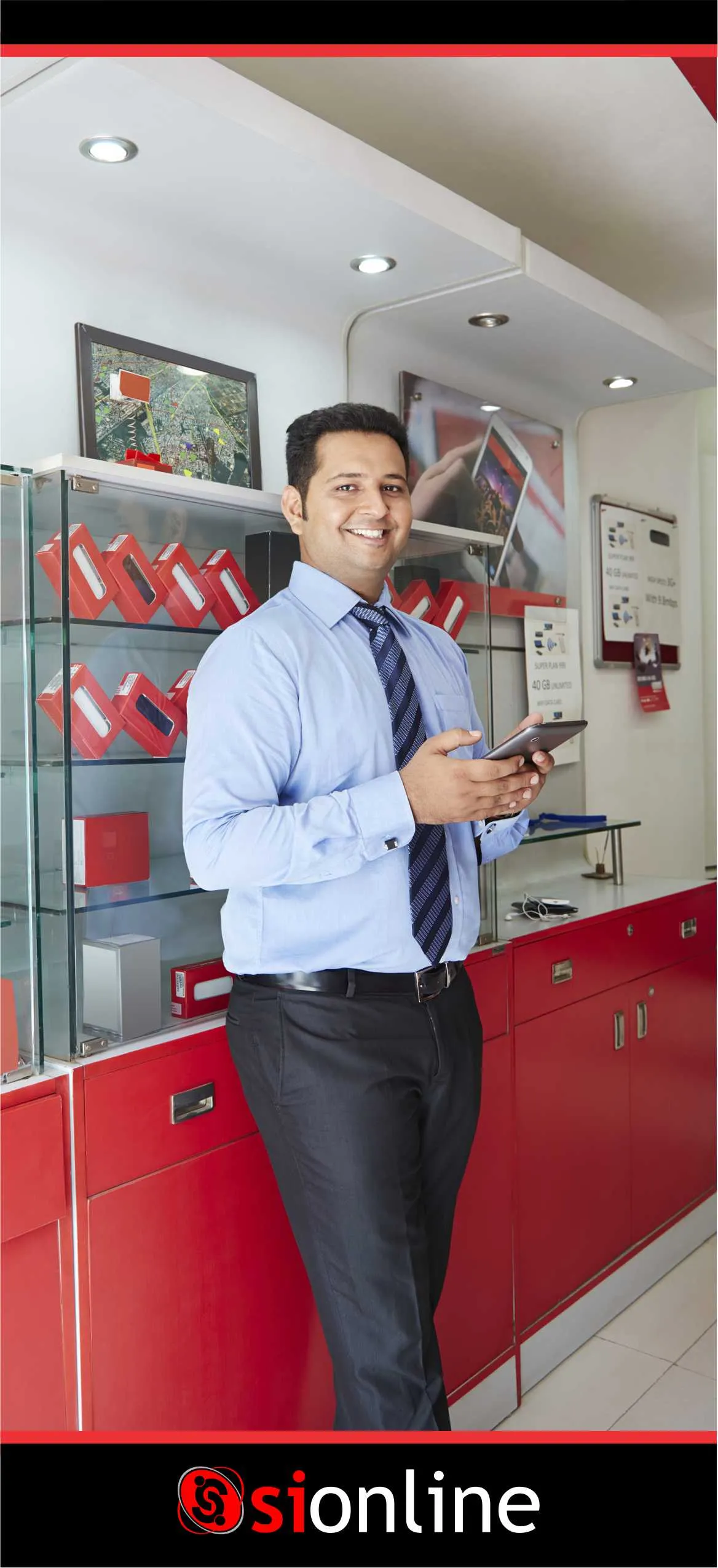 Interior of a SiOnline-branded retail counter with red and white fittings