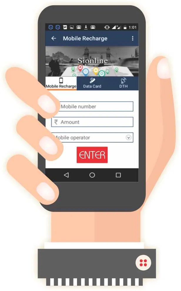 Illustration of the SiOnline mobile recharge screen on a phone