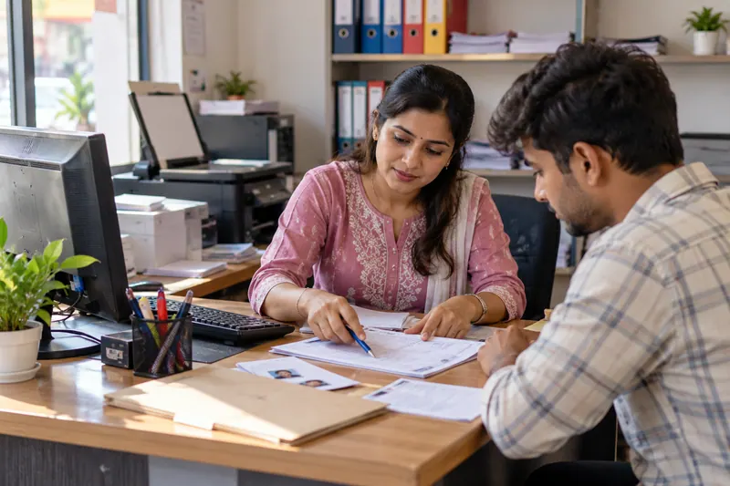 An agent helping a customer prepare a PAN application