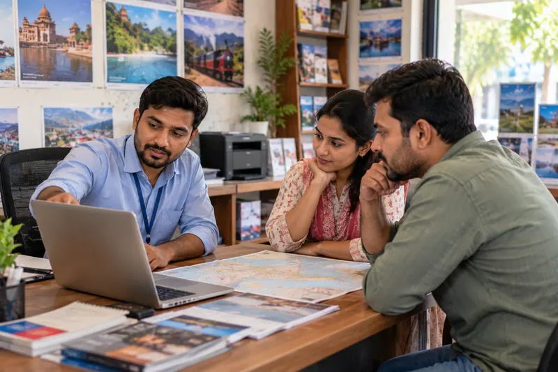 A travel agent discussing holiday options with a couple