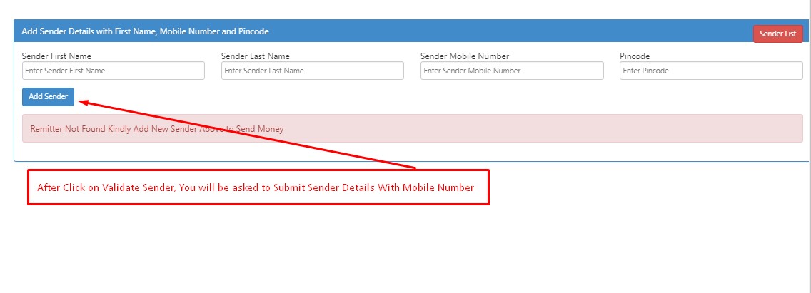 Historical money-transfer interface with empty sender name, mobile and pincode fields