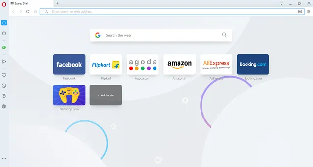 Opera browser on the Speed Dial start page, with the address bar at the top