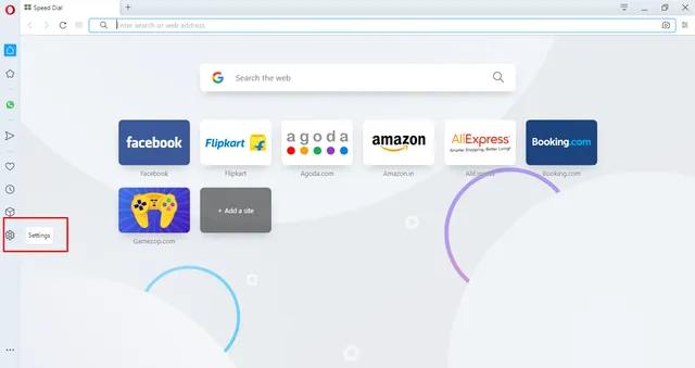 Opera Speed Dial page with the Settings gear in the left sidebar highlighted by a red box