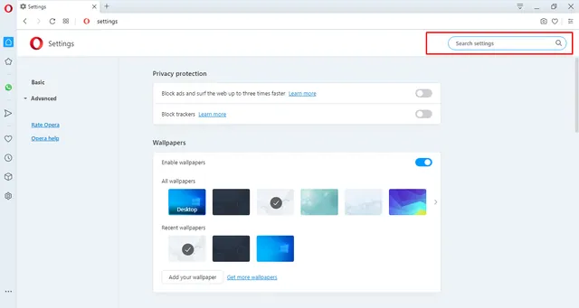 Opera Settings page with the Search settings box in the top-right corner highlighted by a red box