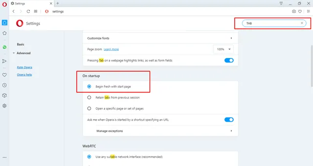 Opera Settings search box containing the word TAB, with the On startup section highlighted by a red box