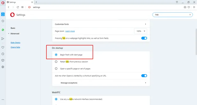 Opera On startup options with the Begin fresh with start page radio button selected inside a red box