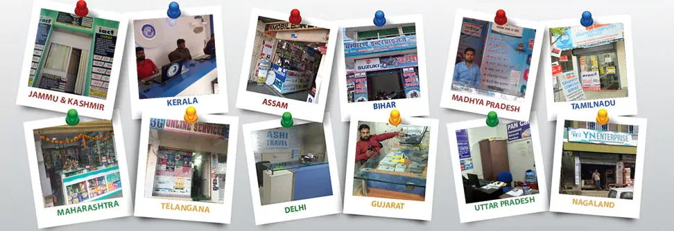Photographs of SiOnline agent shopfronts in twelve states including Jammu & Kashmir, Kerala, Assam, Bihar, Madhya Pradesh, Tamil Nadu, Maharashtra, Telangana, Delhi, Gujarat, Uttar Pradesh and Nagaland