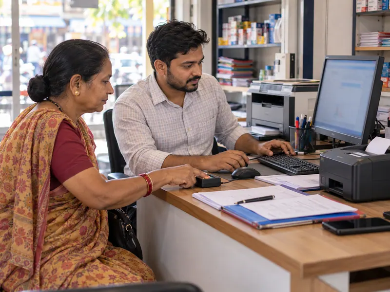 An Indian retailer helping a woman use a fingerprint scanner