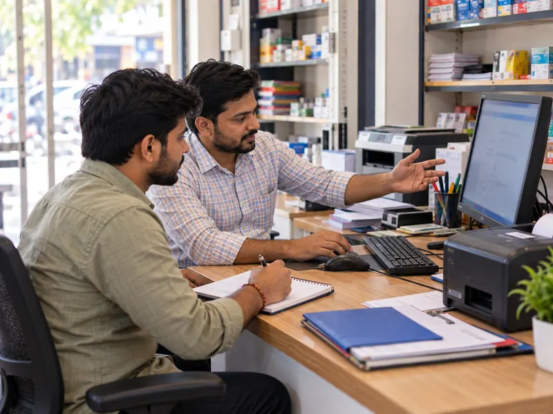 An agent demonstrating a desktop service platform to a shop owner