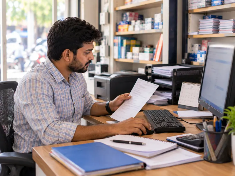 A retailer checking paperwork beside his computer