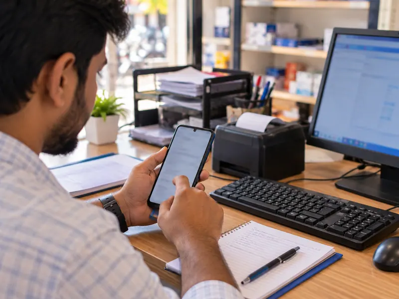 A retailer using a smartphone at a shop counter