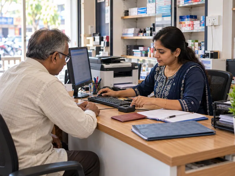 A woman retailer assisting an older customer at a banking service counter