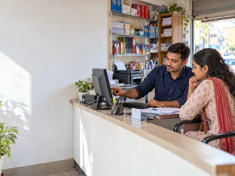 A retailer helping a customer at an Indian neighbourhood service counter