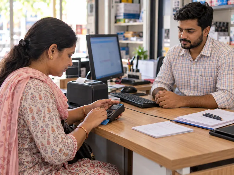 A retailer assisting a customer with a handheld payment terminal