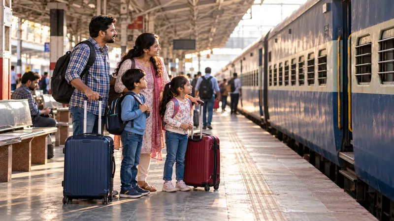 An Indian family with luggage waiting beside a passenger train
