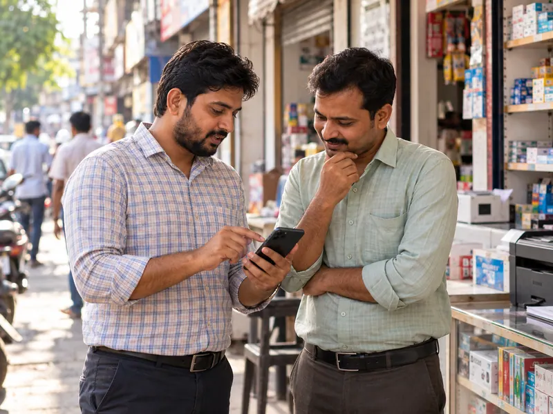 Two shop owners discussing a referral outside a neighbourhood shop