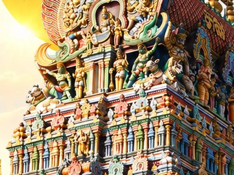 The painted gopuram of a South Indian temple against a morning sky